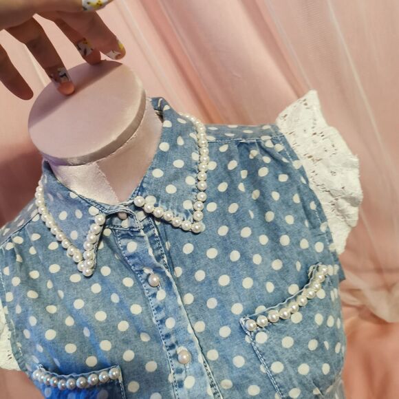 Ank Rouge Size Women's Small Denim Blouse Top Pearl Polka Dot Boho Japan Import - Picture 14 of 16